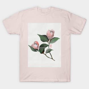 Pink watercolor and sumiE camellia flowers T-Shirt